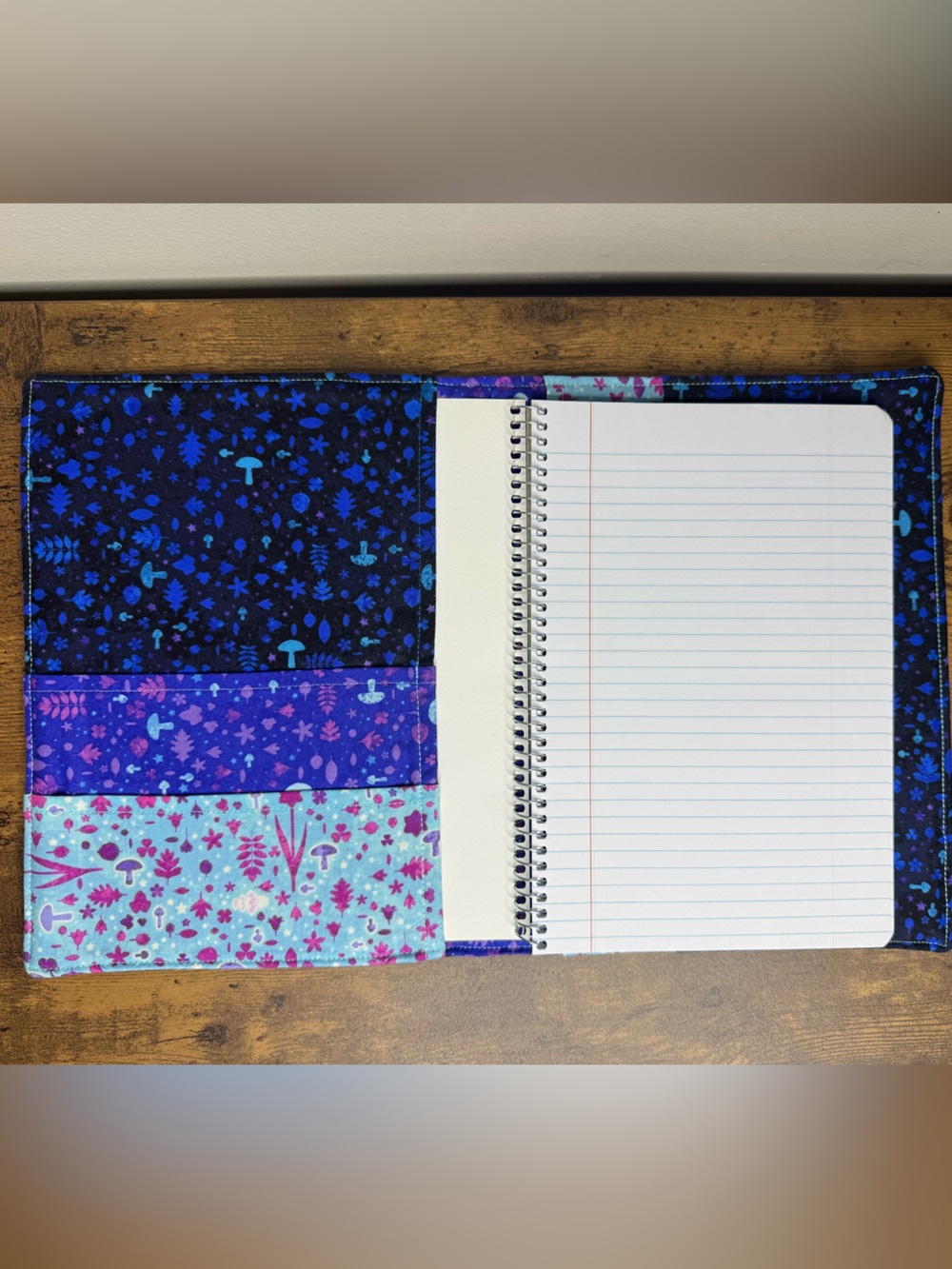Handmade Patchwork Notebook Cover in Blue and Teal w Mushroom Print